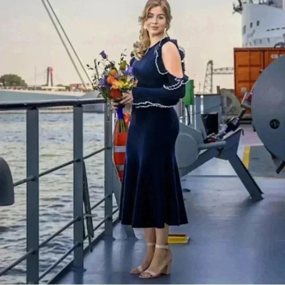 Oscar de la Renta Midi Dress XL Wool Black Cut Out Ruffle Long Sleeve Cocktail - Picture 2 of 16